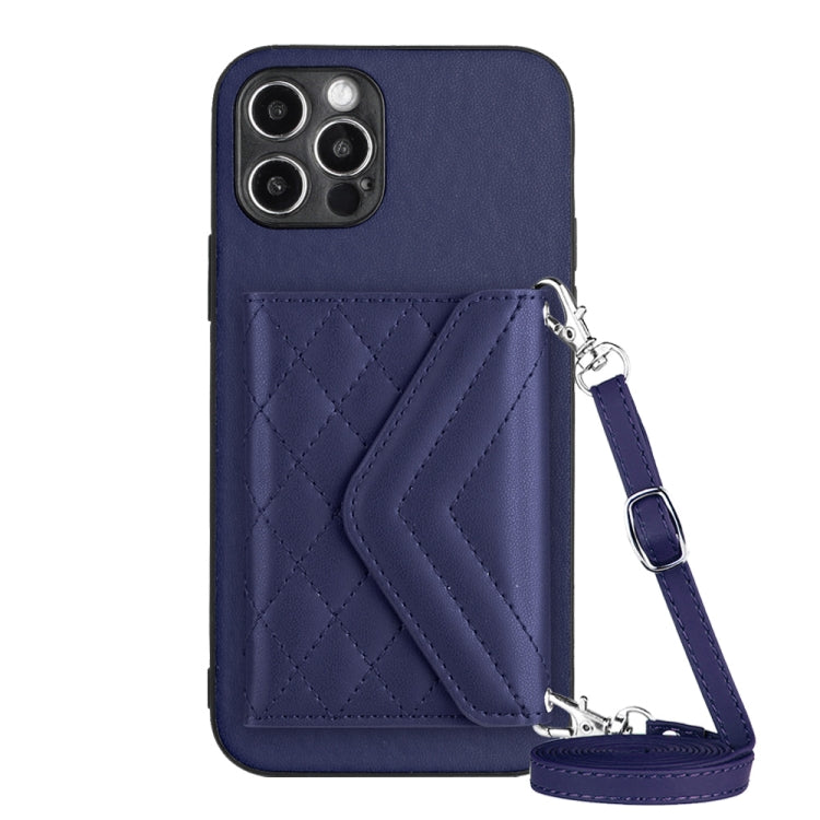 Capa de telemóvel com bolsa para cartões de textura rombica RFID com cordão longo, para iPhone SE 2022 / SE 2020, para iPhone 13 Pro Max, para iPhone 13 Pro, para iPhone 13, para iPhone 13 mini, para iPhone 12, para iPhone 12 Pro Max, para iPhone 12 Pro