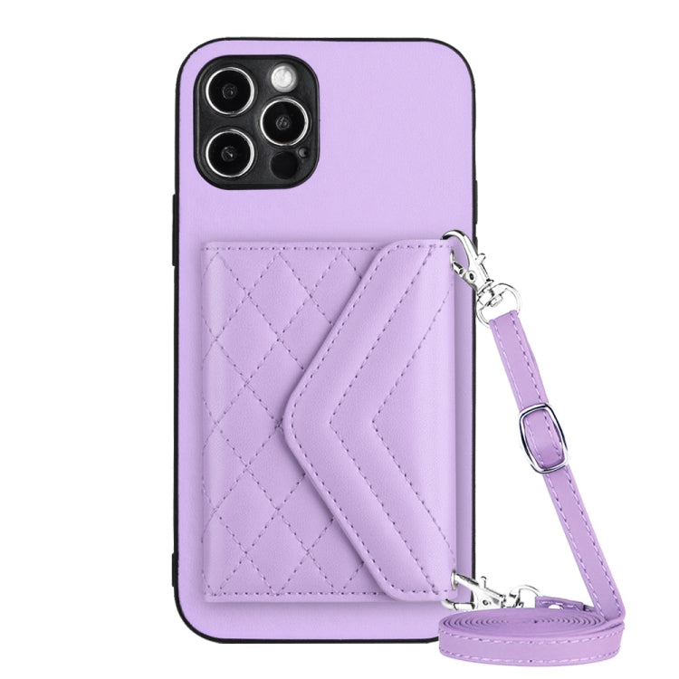 Capa de telemóvel com bolsa para cartões de textura rombica RFID com cordão longo, para iPhone SE 2022 / SE 2020, para iPhone 13 Pro Max, para iPhone 13 Pro, para iPhone 13, para iPhone 13 mini, para iPhone 12, para iPhone 12 Pro Max, para iPhone 12 Pro