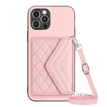 Capa de telemóvel com bolsa para cartões de textura rombica RFID com cordão longo, para iPhone SE 2022 / SE 2020, para iPhone 13 Pro Max, para iPhone 13 Pro, para iPhone 13, para iPhone 13 mini, para iPhone 12, para iPhone 12 Pro Max, para iPhone 12 Pro