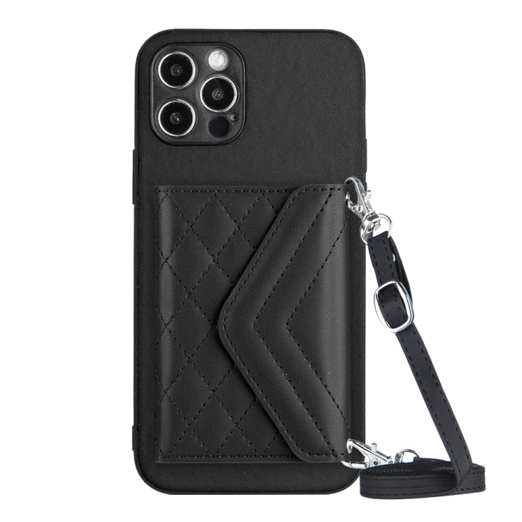 Capa de telemóvel com bolsa para cartões de textura rombica RFID com cordão longo, para iPhone SE 2022 / SE 2020, para iPhone 13 Pro Max, para iPhone 13 Pro, para iPhone 13, para iPhone 13 mini, para iPhone 12, para iPhone 12 Pro Max, para iPhone 12 Pro