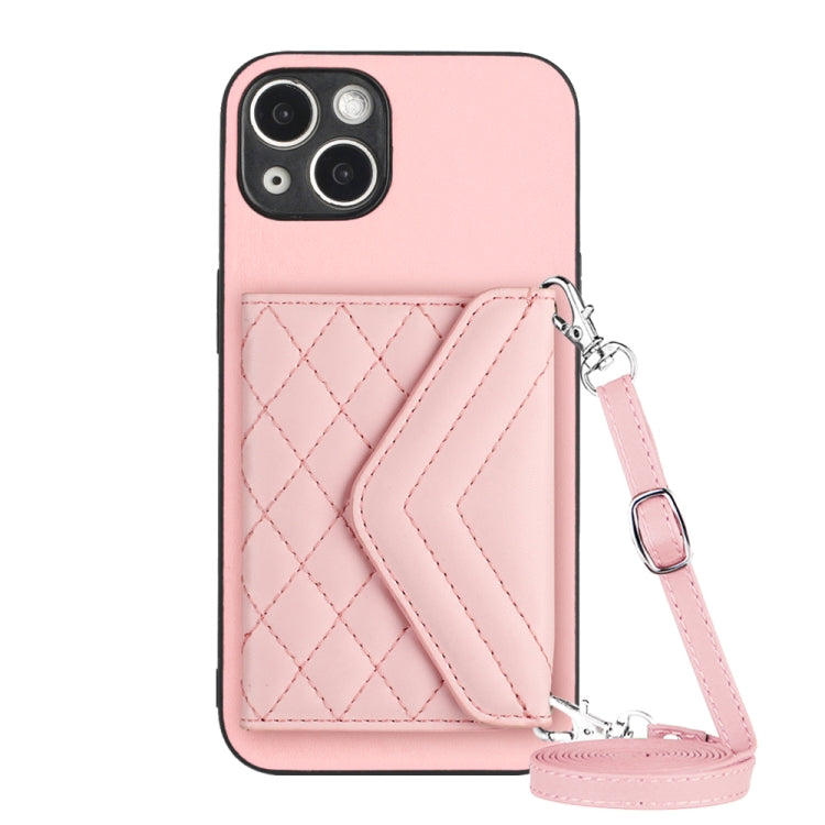 Capa de telemóvel com bolsa para cartões de textura rombica RFID com cordão longo, para iPhone SE 2022 / SE 2020, para iPhone 13 Pro Max, para iPhone 13 Pro, para iPhone 13, para iPhone 13 mini, para iPhone 12, para iPhone 12 Pro Max, para iPhone 12 Pro