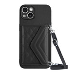 Capa de telemóvel com bolsa para cartões de textura rombica RFID com cordão longo, para iPhone SE 2022 / SE 2020, para iPhone 13 Pro Max, para iPhone 13 Pro, para iPhone 13, para iPhone 13 mini, para iPhone 12, para iPhone 12 Pro Max, para iPhone 12 Pro