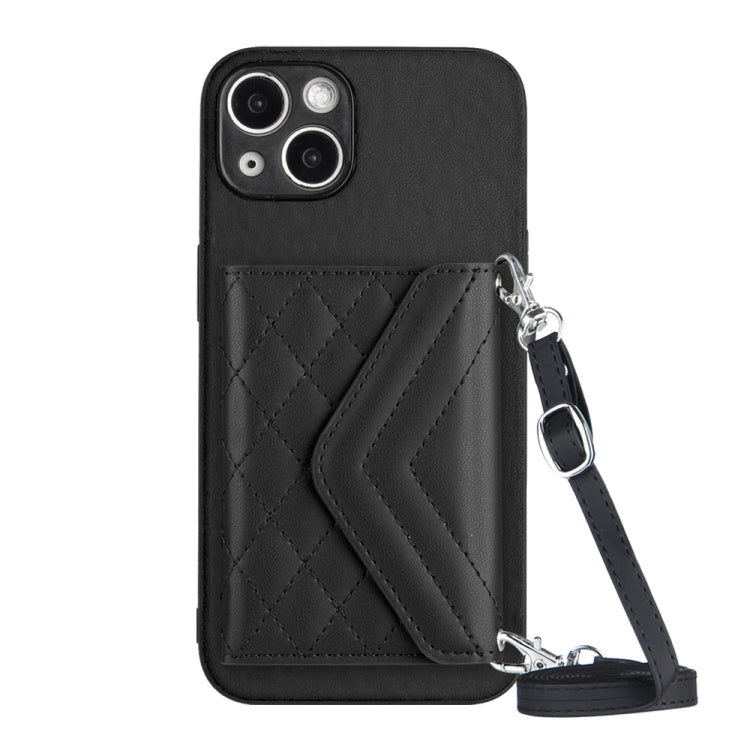 Capa de telemóvel com bolsa para cartões de textura rombica RFID com cordão longo, para iPhone SE 2022 / SE 2020, para iPhone 13 Pro Max, para iPhone 13 Pro, para iPhone 13, para iPhone 13 mini, para iPhone 12, para iPhone 12 Pro Max, para iPhone 12 Pro