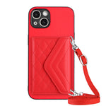 Capa de telemóvel com bolsa para cartões de textura rombica RFID com cordão longo, para iPhone SE 2022 / SE 2020, para iPhone 13 Pro Max, para iPhone 13 Pro, para iPhone 13, para iPhone 13 mini, para iPhone 12, para iPhone 12 Pro Max, para iPhone 12 Pro