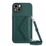 Capa de telemóvel com bolsa para cartões de textura rombica RFID com cordão longo, para iPhone SE 2022 / SE 2020, para iPhone 13 Pro Max, para iPhone 13 Pro, para iPhone 13, para iPhone 13 mini, para iPhone 12, para iPhone 12 Pro Max, para iPhone 12 Pro
