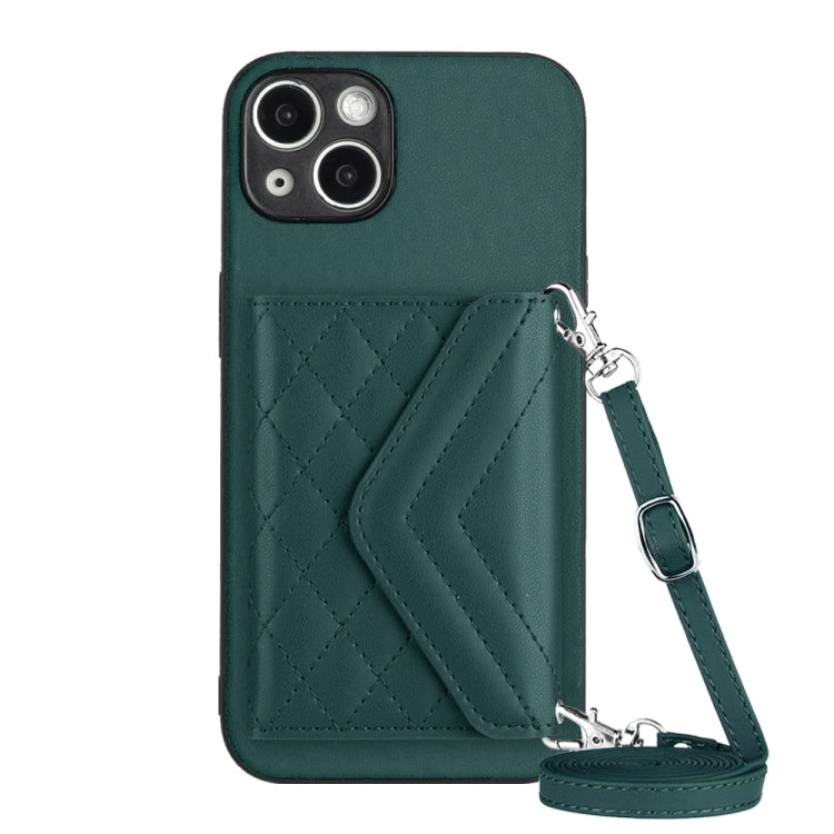 Capa de telemóvel com bolsa para cartões de textura rombica RFID com cordão longo, para iPhone SE 2022 / SE 2020, para iPhone 13 Pro Max, para iPhone 13 Pro, para iPhone 13, para iPhone 13 mini, para iPhone 12, para iPhone 12 Pro Max, para iPhone 12 Pro