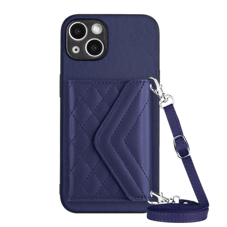 Capa de telemóvel com bolsa para cartões de textura rombica RFID com cordão longo, para iPhone SE 2022 / SE 2020, para iPhone 13 Pro Max, para iPhone 13 Pro, para iPhone 13, para iPhone 13 mini, para iPhone 12, para iPhone 12 Pro Max, para iPhone 12 Pro