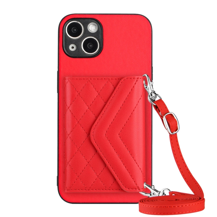 Capa de telemóvel com bolsa para cartões de textura rombica RFID com cordão longo, para iPhone SE 2022 / SE 2020, para iPhone 13 Pro Max, para iPhone 13 Pro, para iPhone 13, para iPhone 13 mini, para iPhone 12, para iPhone 12 Pro Max, para iPhone 12 Pro