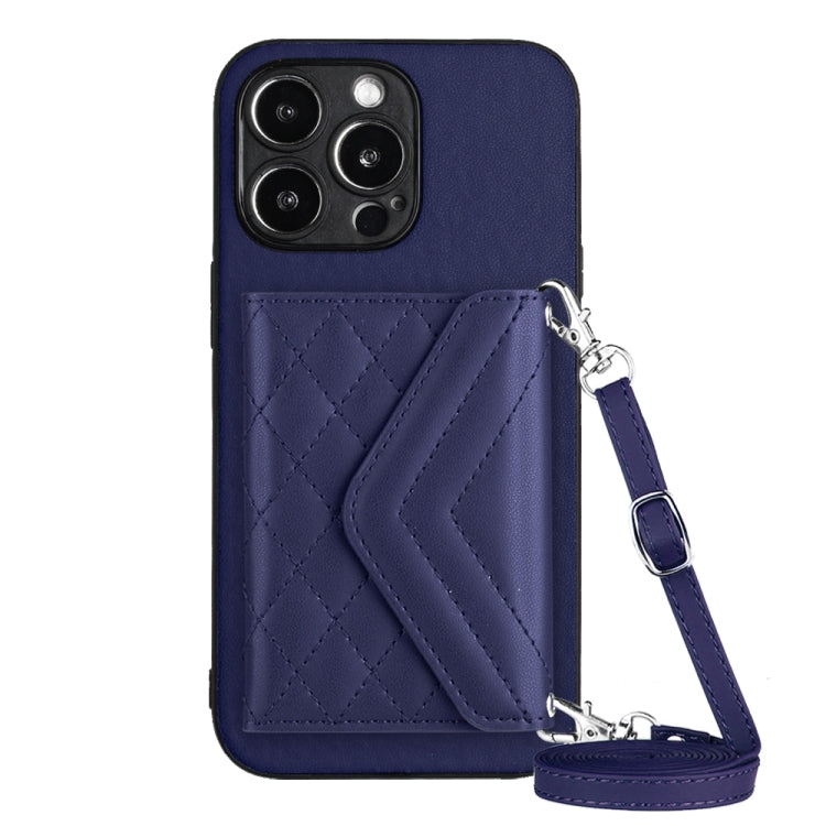 Capa de telemóvel com bolsa para cartões de textura rombica RFID com cordão longo, para iPhone SE 2022 / SE 2020, para iPhone 13 Pro Max, para iPhone 13 Pro, para iPhone 13, para iPhone 13 mini, para iPhone 12, para iPhone 12 Pro Max, para iPhone 12 Pro