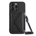Capa de telemóvel com bolsa para cartões de textura rombica RFID com cordão longo, para iPhone SE 2022 / SE 2020, para iPhone 13 Pro Max, para iPhone 13 Pro, para iPhone 13, para iPhone 13 mini, para iPhone 12, para iPhone 12 Pro Max, para iPhone 12 Pro