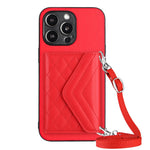 Capa de telemóvel com bolsa para cartões de textura rombica RFID com cordão longo, para iPhone SE 2022 / SE 2020, para iPhone 13 Pro Max, para iPhone 13 Pro, para iPhone 13, para iPhone 13 mini, para iPhone 12, para iPhone 12 Pro Max, para iPhone 12 Pro