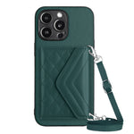 Capa de telemóvel com bolsa para cartões de textura rombica RFID com cordão longo, para iPhone SE 2022 / SE 2020, para iPhone 13 Pro Max, para iPhone 13 Pro, para iPhone 13, para iPhone 13 mini, para iPhone 12, para iPhone 12 Pro Max, para iPhone 12 Pro