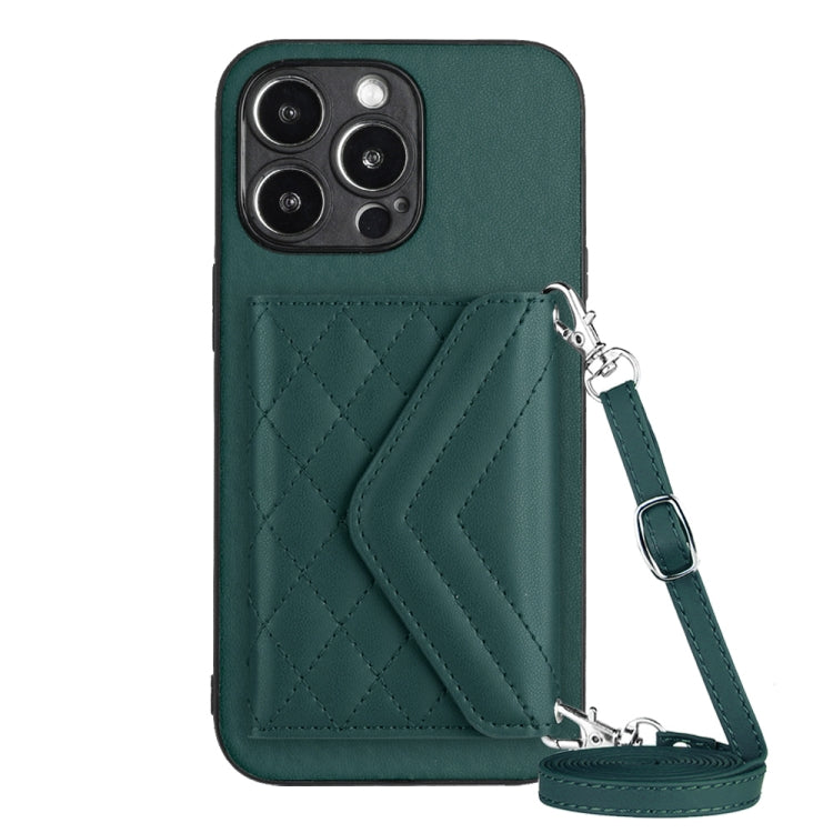 Capa de telemóvel com bolsa para cartões de textura rombica RFID com cordão longo, para iPhone SE 2022 / SE 2020, para iPhone 13 Pro Max, para iPhone 13 Pro, para iPhone 13, para iPhone 13 mini, para iPhone 12, para iPhone 12 Pro Max, para iPhone 12 Pro