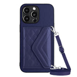 Capa de telemóvel com bolsa para cartões de textura rombica RFID com cordão longo, para iPhone SE 2022 / SE 2020, para iPhone 13 Pro Max, para iPhone 13 Pro, para iPhone 13, para iPhone 13 mini, para iPhone 12, para iPhone 12 Pro Max, para iPhone 12 Pro