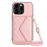 Capa de telemóvel com bolsa para cartões de textura rombica RFID com cordão longo, para iPhone SE 2022 / SE 2020, para iPhone 13 Pro Max, para iPhone 13 Pro, para iPhone 13, para iPhone 13 mini, para iPhone 12, para iPhone 12 Pro Max, para iPhone 12 Pro