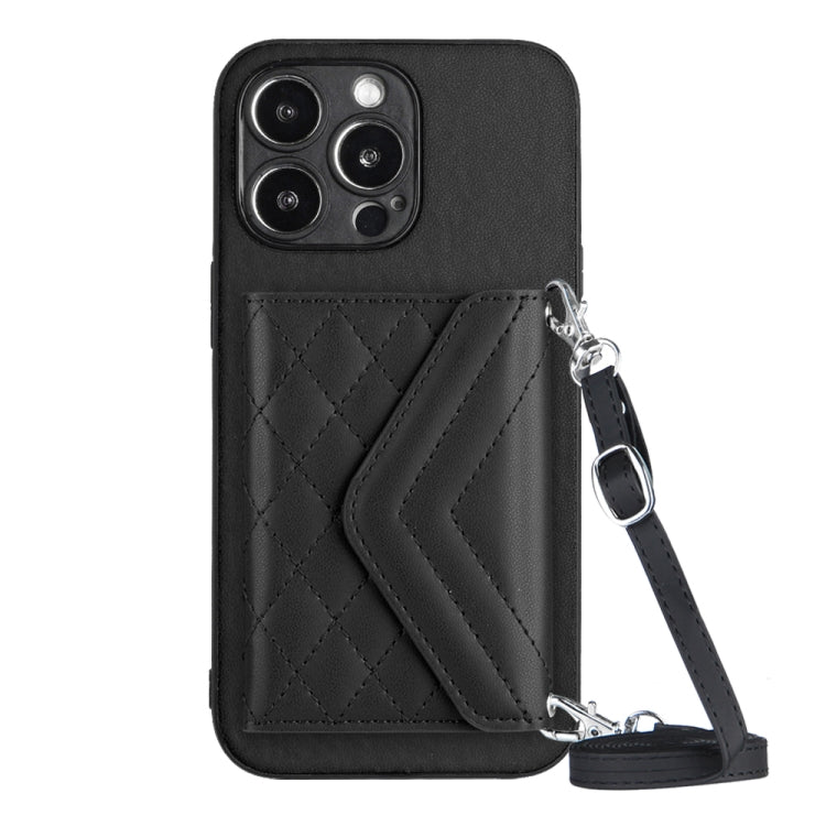 Capa de telemóvel com bolsa para cartões de textura rombica RFID com cordão longo, para iPhone SE 2022 / SE 2020, para iPhone 13 Pro Max, para iPhone 13 Pro, para iPhone 13, para iPhone 13 mini, para iPhone 12, para iPhone 12 Pro Max, para iPhone 12 Pro