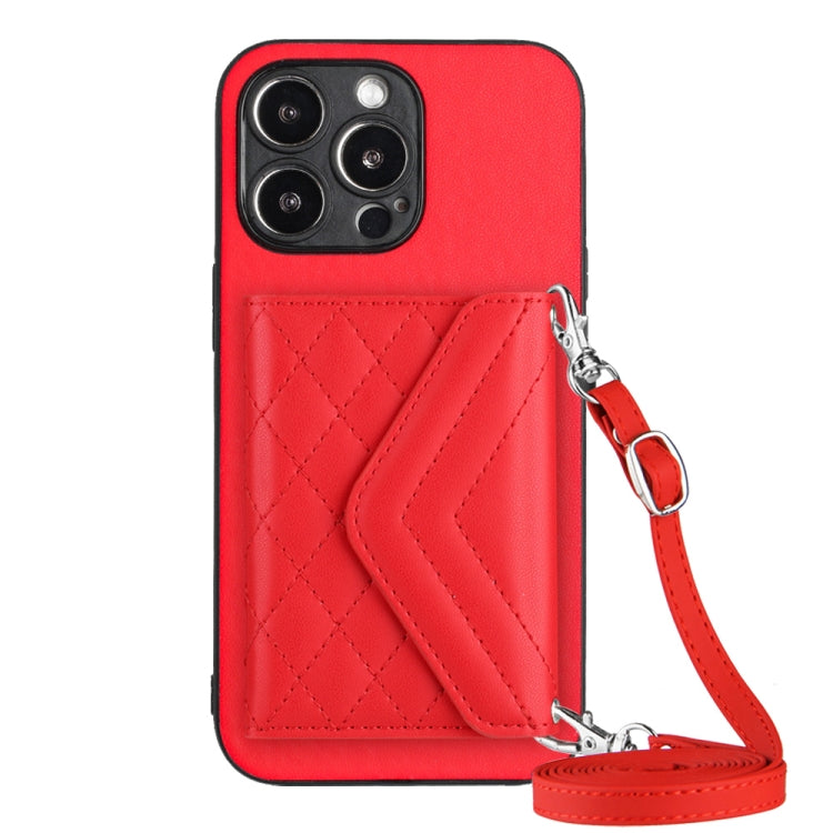 Capa de telemóvel com bolsa para cartões de textura rombica RFID com cordão longo, para iPhone SE 2022 / SE 2020, para iPhone 13 Pro Max, para iPhone 13 Pro, para iPhone 13, para iPhone 13 mini, para iPhone 12, para iPhone 12 Pro Max, para iPhone 12 Pro