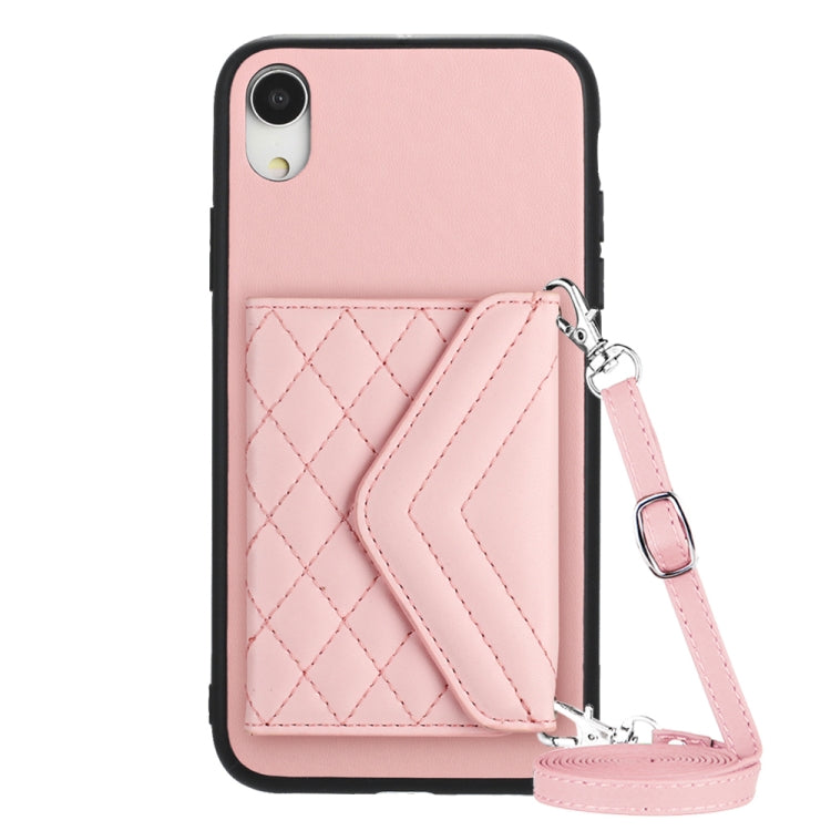 Capa de telemóvel com bolsa para cartões de textura rombica RFID com cordão longo, para iPhone 12 mini, para iPhone 11 Pro Max, para iPhone 11, para iPhone 11 Pro, para iPhone XS / X, para iPhone XR, para iPhone XS Max, para iPhone 8 Plus / 7 Plus