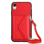 Capa de telemóvel com bolsa para cartões de textura rombica RFID com cordão longo, para iPhone 12 mini, para iPhone 11 Pro Max, para iPhone 11, para iPhone 11 Pro, para iPhone XS / X, para iPhone XR, para iPhone XS Max, para iPhone 8 Plus / 7 Plus