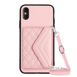 Capa de telemóvel com bolsa para cartões de textura rombica RFID com cordão longo, para iPhone 12 mini, para iPhone 11 Pro Max, para iPhone 11, para iPhone 11 Pro, para iPhone XS / X, para iPhone XR, para iPhone XS Max, para iPhone 8 Plus / 7 Plus