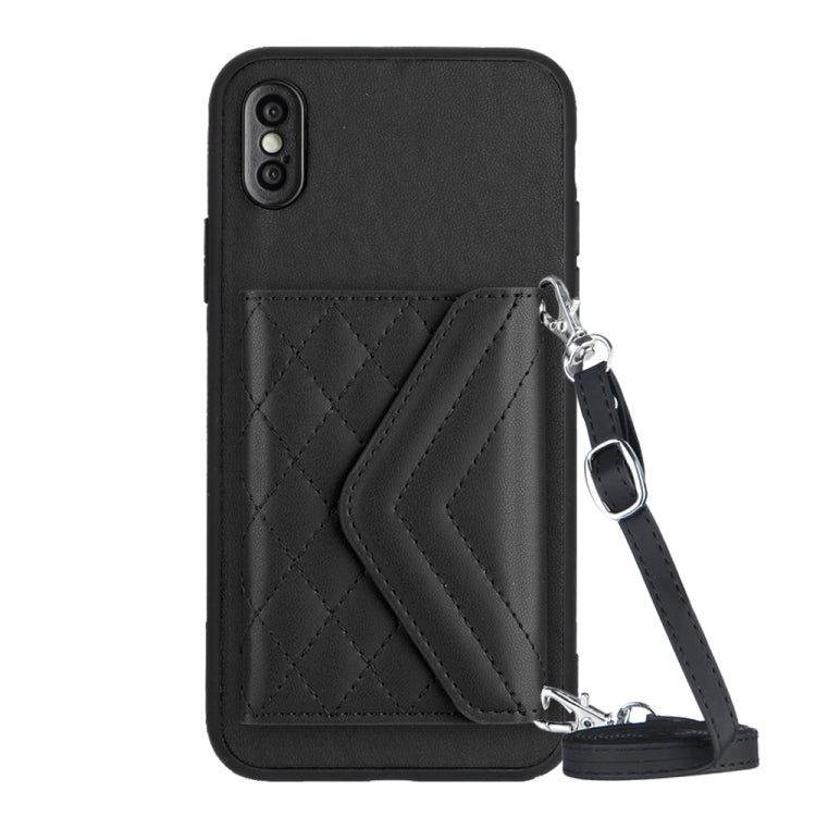 Capa de telemóvel com bolsa para cartões de textura rombica RFID com cordão longo, para iPhone 12 mini, para iPhone 11 Pro Max, para iPhone 11, para iPhone 11 Pro, para iPhone XS / X, para iPhone XR, para iPhone XS Max, para iPhone 8 Plus / 7 Plus