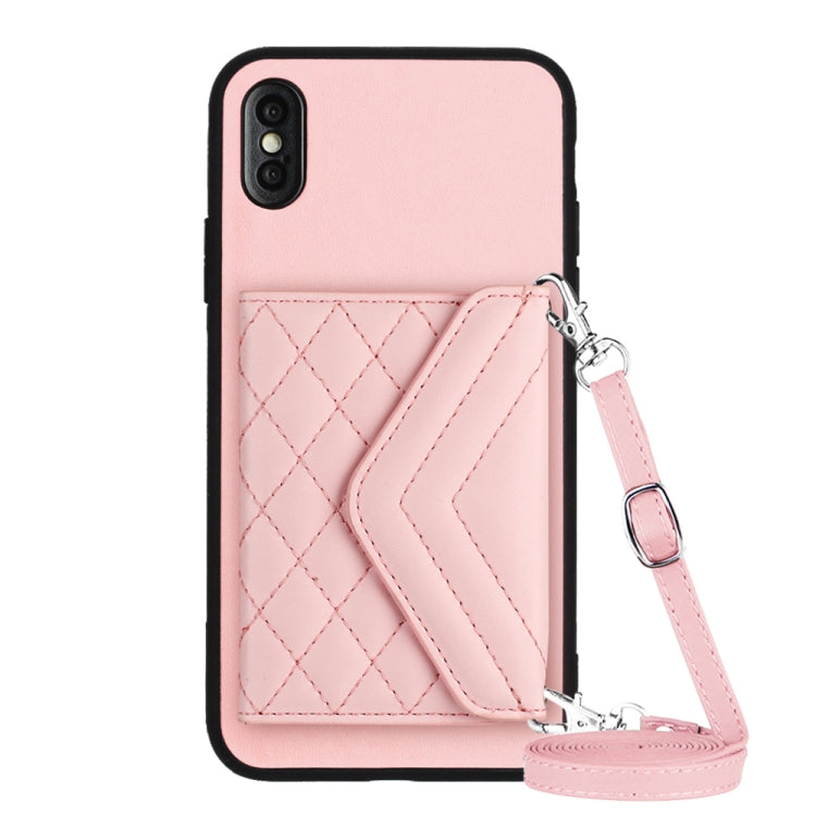 Capa de telemóvel com bolsa para cartões de textura rombica RFID com cordão longo, para iPhone 12 mini, para iPhone 11 Pro Max, para iPhone 11, para iPhone 11 Pro, para iPhone XS / X, para iPhone XR, para iPhone XS Max, para iPhone 8 Plus / 7 Plus