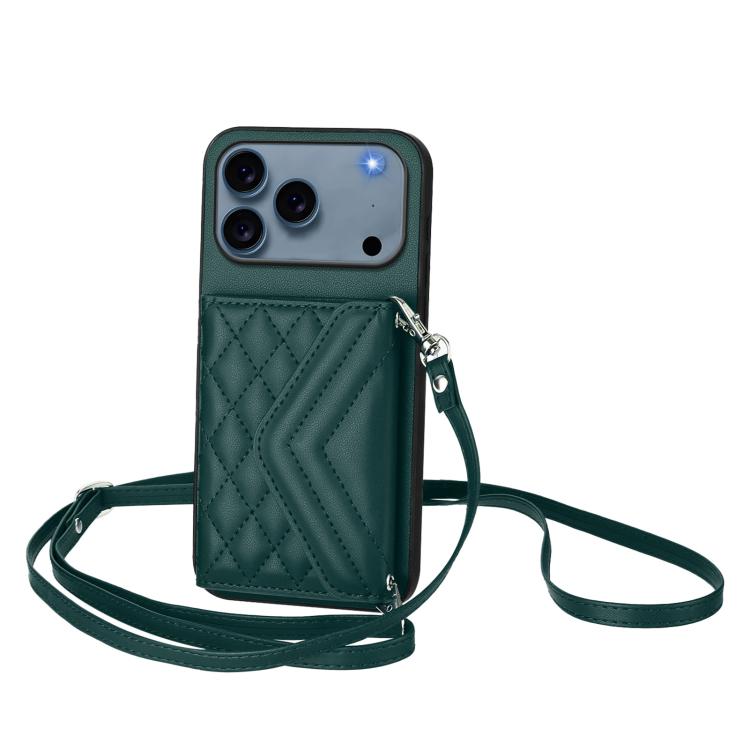 Capa de telemóvel com bolsa para cartões de textura rombica RFID com cordão longo, para iPhone 17 Pro Max, para iPhone 17 Pro, para iPhone 17, para iPhone Air, para iPhone 16 Pro Max, para iPhone 16 Pro, para iPhone 16 Plus, para iPhone 16