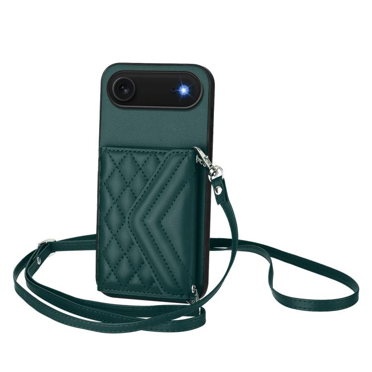 Capa de telemóvel com bolsa para cartões de textura rombica RFID com cordão longo, para iPhone 17 Pro Max, para iPhone 17 Pro, para iPhone 17, para iPhone Air, para iPhone 16 Pro Max, para iPhone 16 Pro, para iPhone 16 Plus, para iPhone 16