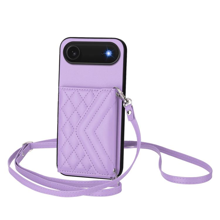 Capa de telemóvel com bolsa para cartões de textura rombica RFID com cordão longo, para iPhone 17 Pro Max, para iPhone 17 Pro, para iPhone 17, para iPhone Air, para iPhone 16 Pro Max, para iPhone 16 Pro, para iPhone 16 Plus, para iPhone 16