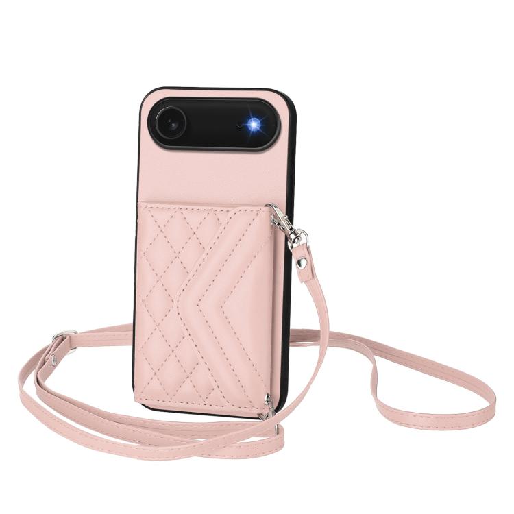 Capa de telemóvel com bolsa para cartões de textura rombica RFID com cordão longo, para iPhone 17 Pro Max, para iPhone 17 Pro, para iPhone 17, para iPhone Air, para iPhone 16 Pro Max, para iPhone 16 Pro, para iPhone 16 Plus, para iPhone 16