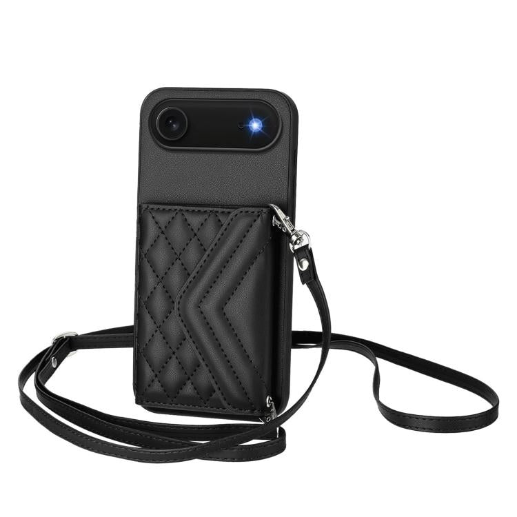 Capa de telemóvel com bolsa para cartões de textura rombica RFID com cordão longo, para iPhone 17 Pro Max, para iPhone 17 Pro, para iPhone 17, para iPhone Air, para iPhone 16 Pro Max, para iPhone 16 Pro, para iPhone 16 Plus, para iPhone 16