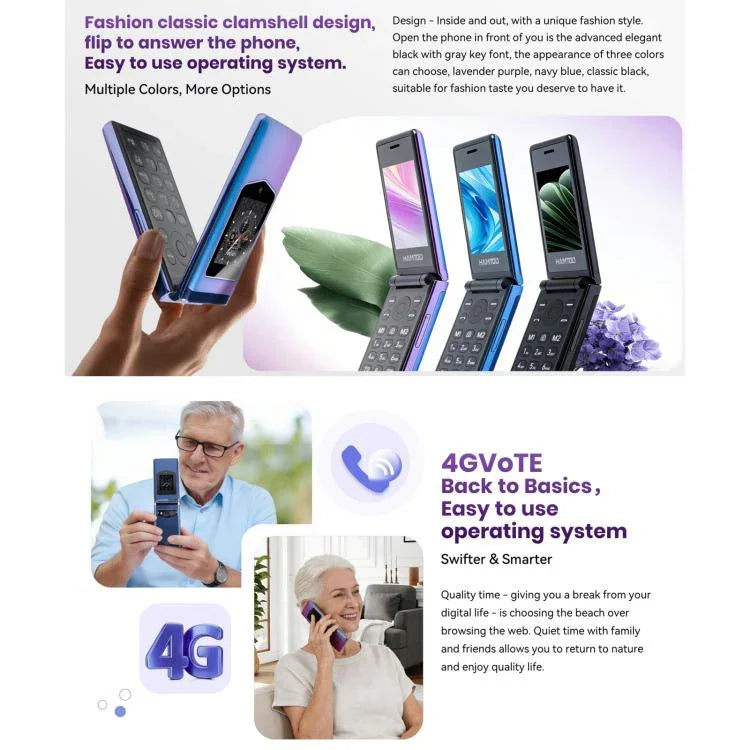 HAMTOD T8 4G Telefone Flip, 2,8 polegadas + 1,77 polegadas, VoLTE, BT, SOS, OTG, Versão UE