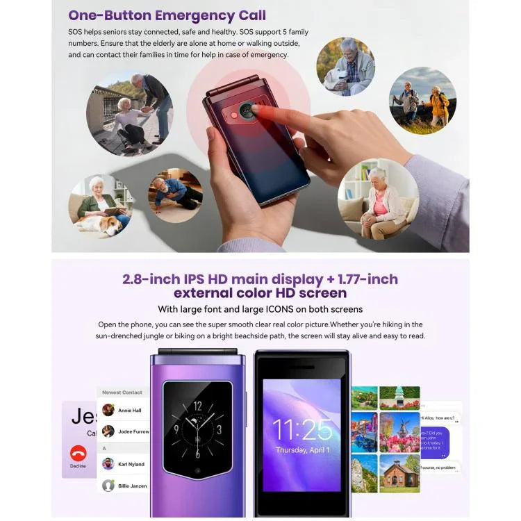 HAMTOD T8 4G Telefone Flip, 2,8 polegadas + 1,77 polegadas, VoLTE, BT, SOS, OTG, Versão UE