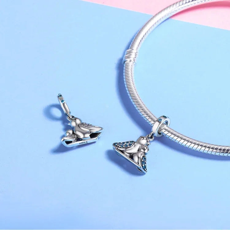 Acessórios para Pulseira com Pássaro e Pedra Azul Incrustada em Prata S925