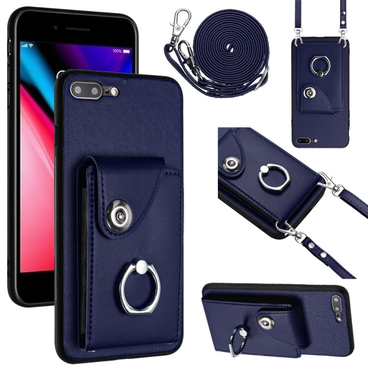 Capa de telemóvel com bolsa para cartões e suporte de anel com cordão longo, para iPhone 8 Plus / 7 Plus
