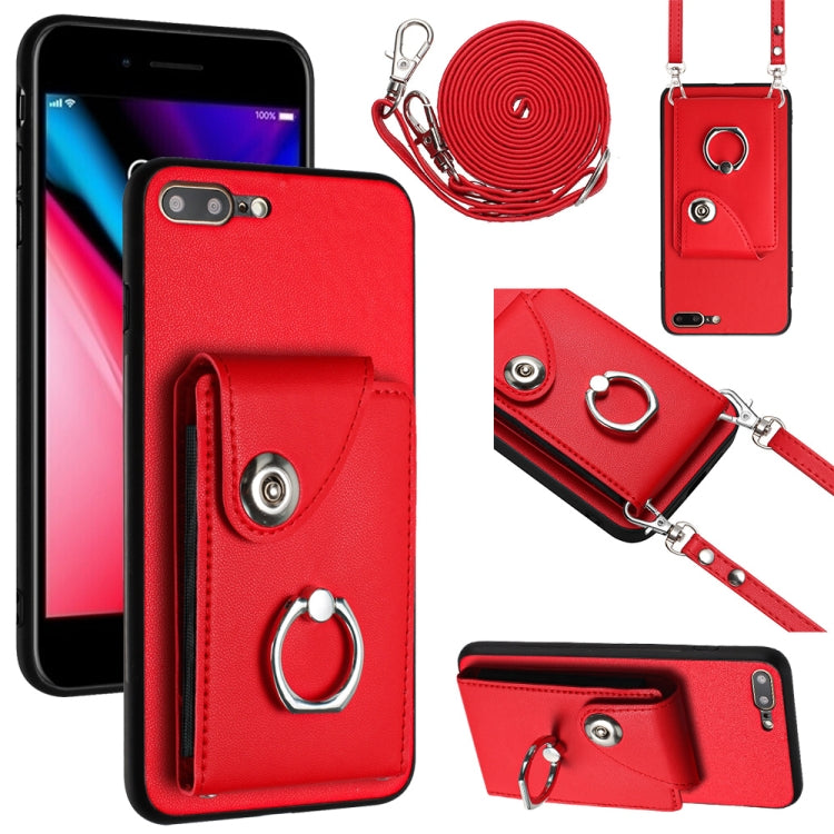 Capa de telemóvel com bolsa para cartões e suporte de anel com cordão longo, para iPhone 8 Plus / 7 Plus