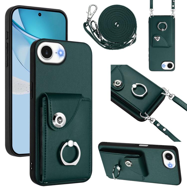 Capa de telemóvel com bolsa para cartões e suporte de anel com cordão longo, para iPhone 17e / 16e, para iPhone 17 Pro Max, para iPhone 17 Pro, para iPhone 17, para iPhone Air, para iPhone 16 Pro Max, para iPhone 16 Pro, para iPhone 16 Plus