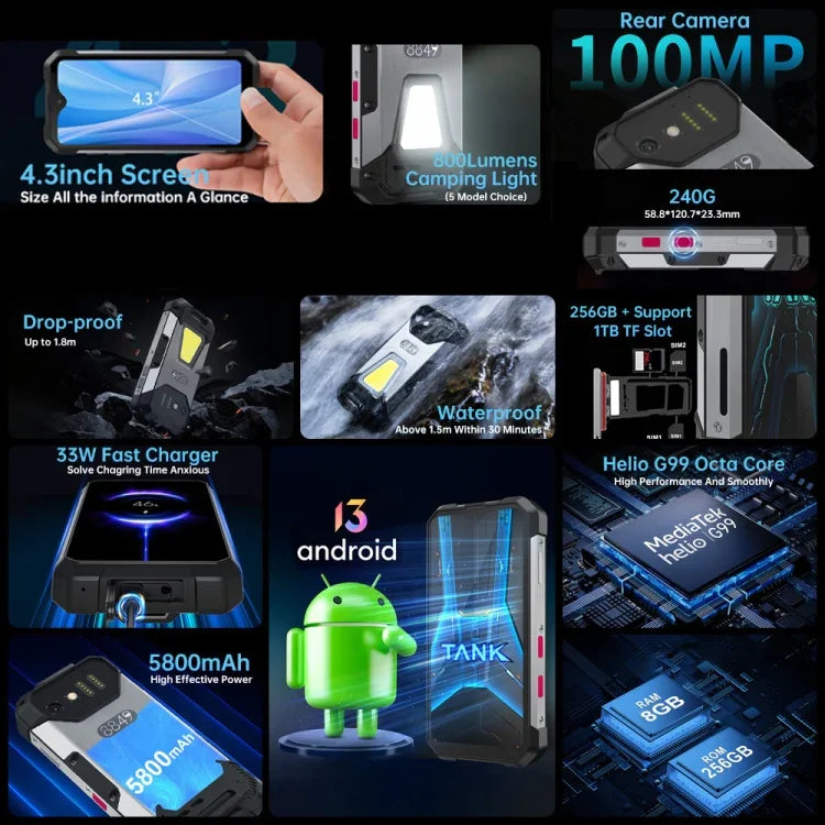 Unihertz Tank mini 1 / 8849, Câmara 100MP, 4,3 polegadas Android 13 Helio G99 Octa Core, Rede: 4G, Tank mini 1 8GB+256GB