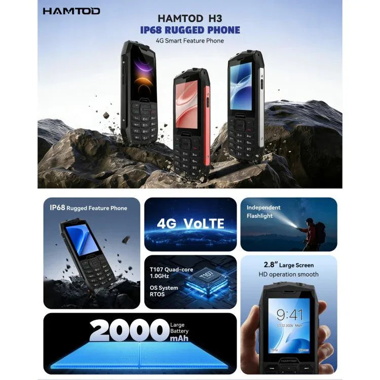 HAMTOD H3 Telefone Rugged, 2,8 polegadas T107 ARM CortexTM A7 Quad-core 1,0GHz, Rede: 4G, VoLTE, BT, SOS, Versão UE