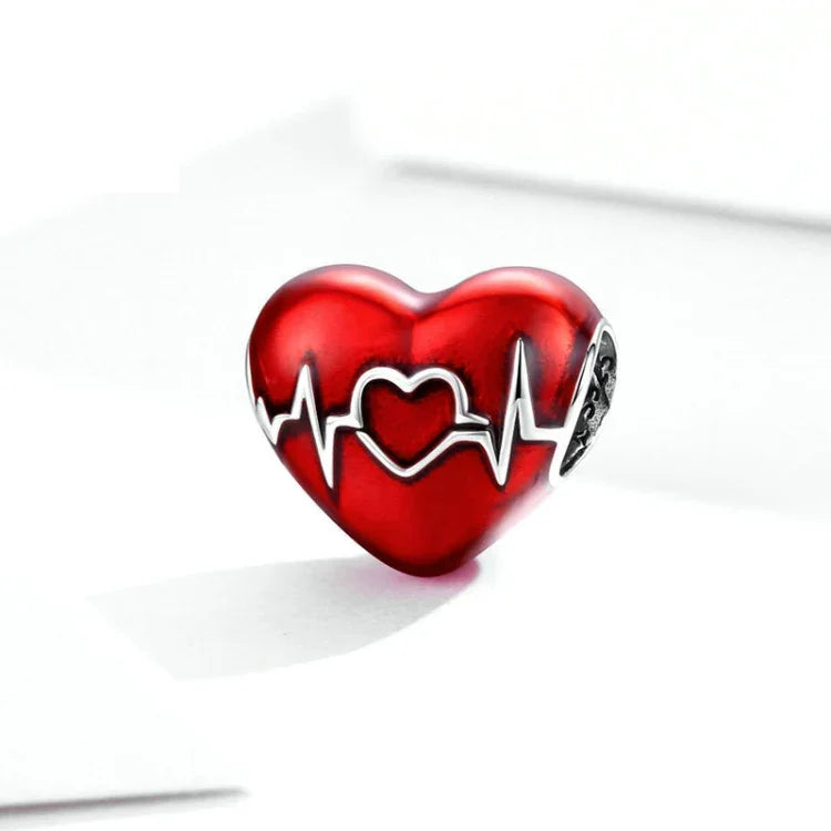 Acessórios DIY para Pulseira e Colar com Pendente de Coração de Amor, Batimento Cardíaco Vermelho e Ilustração de Linha de Coração em Prata Esterlina S925