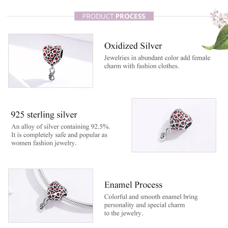 Acessórios DIY para Pulseira e Colar com Contas de Coração Vermelho em Prata Esterlina S925