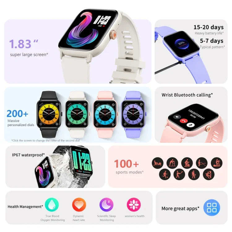 Relógio Desportivo Inteligente QS13 BT5.2 de 1,83 polegadas, Suporta Chamadas Bluetooth / Sono / Açúcar no Sangue / Oxigénio no Sangue / Frequência Cardíaca / Monitor de Pressão Arterial