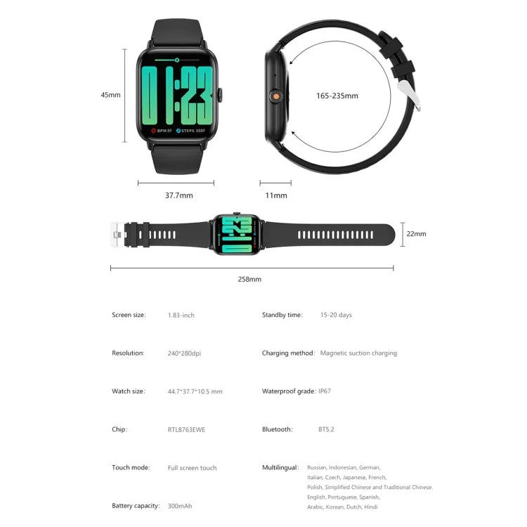 Relógio Desportivo Inteligente QS13 BT5.2 de 1,83 polegadas, Suporta Chamadas Bluetooth / Sono / Açúcar no Sangue / Oxigénio no Sangue / Frequência Cardíaca / Monitor de Pressão Arterial