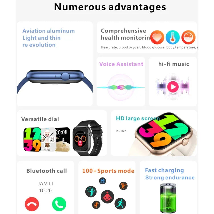 Relógio Desportivo Inteligente QX7 Pro BT5.2 de 2,0 polegadas, Suporta Chamadas Bluetooth / Sono / Açúcar no Sangue / Oxigénio no Sangue / Temperatura / Frequência Cardíaca / Monitor de Pressão Arterial