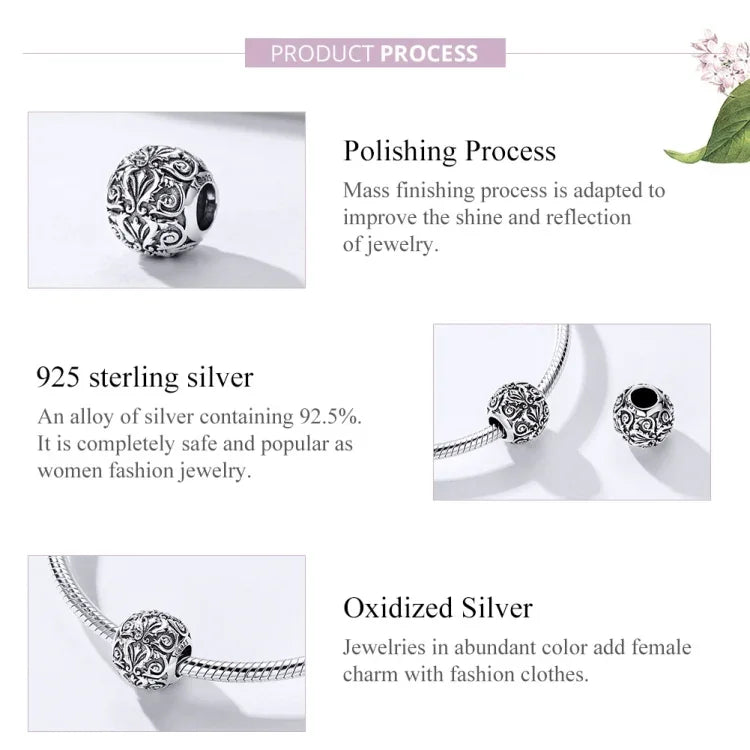 Acessórios DIY para Pulseira e Colar com Contas de Textura de Flor Retro em Prata Esterlina S925