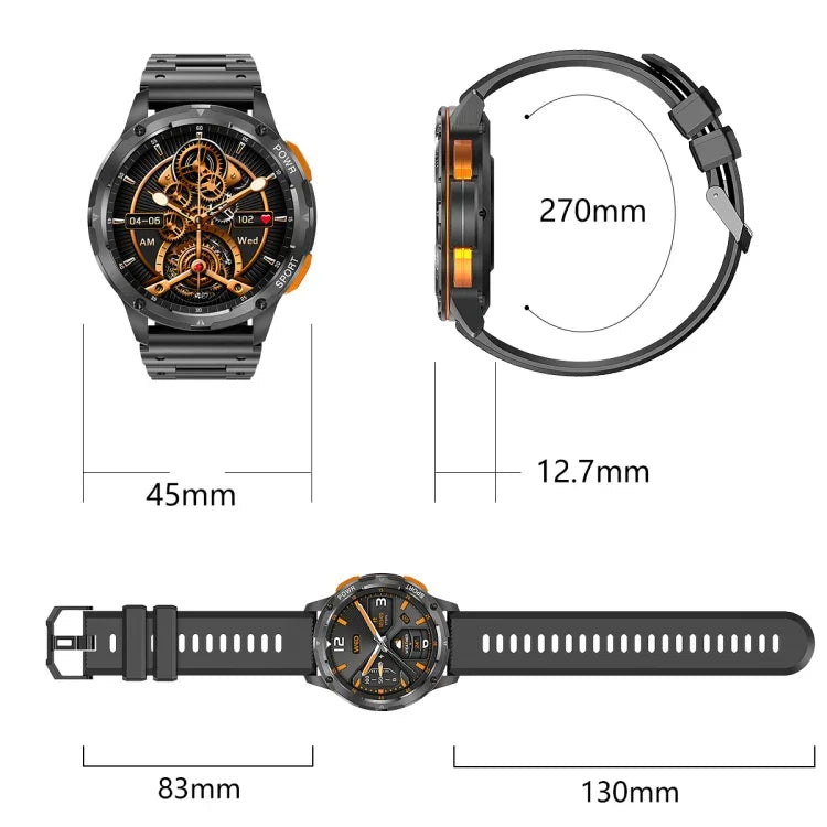 AK59 Relógio Inteligente com Ecrã Redondo AMOLED 1.43 polegadas, Correia de Aço