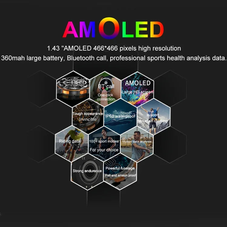 AK59 Relógio Inteligente com Ecrã Redondo AMOLED 1.43 polegadas, Correia de Aço