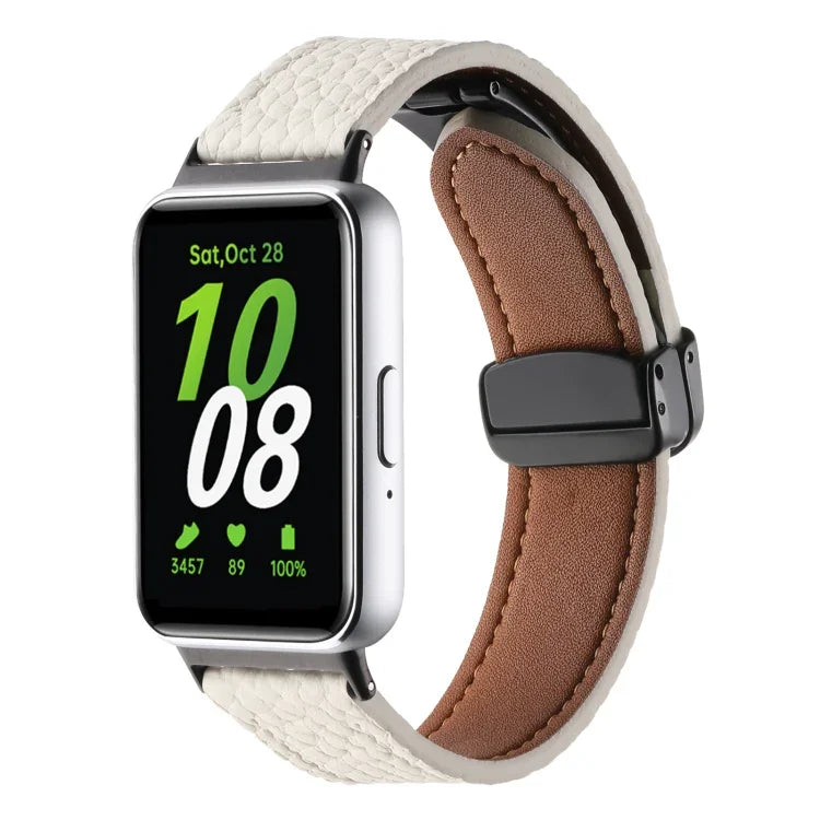 Correia de Relógio em Pele com Textura Litchi e Fivela Magnética Preta, Para Samsung Galaxy Fit 3