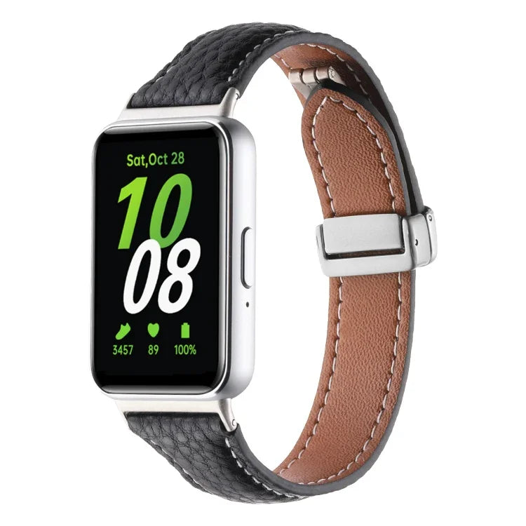 Litchi Texture Magnetic Buckle Slim Leather Watch Band, For Samsung Galaxy Fit 3