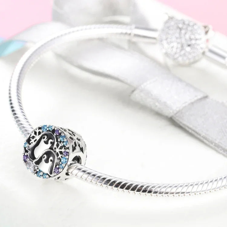 Acessórios para Pulseira com Casa de Pinguim e Contas de Diamante em Prata Esterlina S925